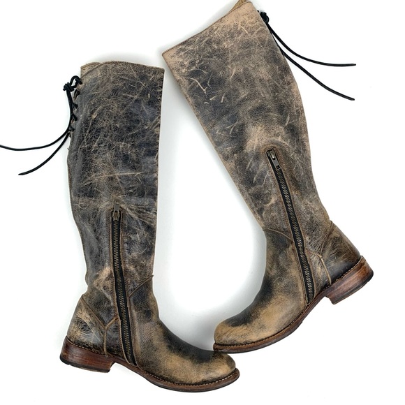 Bedstu Tall Leather Boots Manchester Distressed Brown Lace Back Low Heel Size 9 - Picture 3 of 12